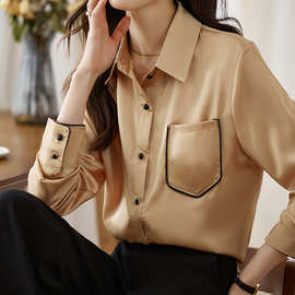 外贸女装实拍洋气休闲秋季新款女装仿真丝雪纺衫上衣开衫衬衫打底