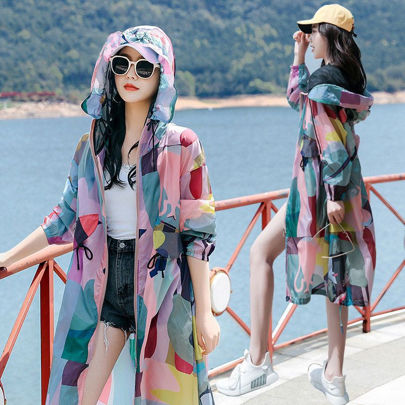 New Sunscreen Clothing Women's Summer Mid-length Loose Korean Style Windbreaker Electric Car Hooded Sunshade Clothing for Outer Wear