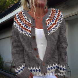 2025年亚马逊欧美新款毛衣女wish热卖开衫拼色宽松时尚3D印花