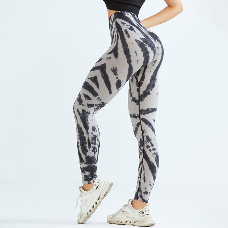 Pantalones de yoga teñidos sin costuras transfronterizas de cintura alta para mujer Levantamiento de cadera estiramiento medias deportivas delgadas vientre melocotón cadera fitness Pantalones