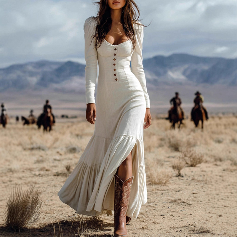 Amazon European and American Dress Cross-Border New Retro Western Style Button Pleated Long-Sleeved Sexy Long Dress
