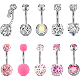 European and American Sexy Body Piercing Zircon Navel Ring 14g Stainless Steel 10-Piece Set Navel Nail Piercing Jewelry Wholesale