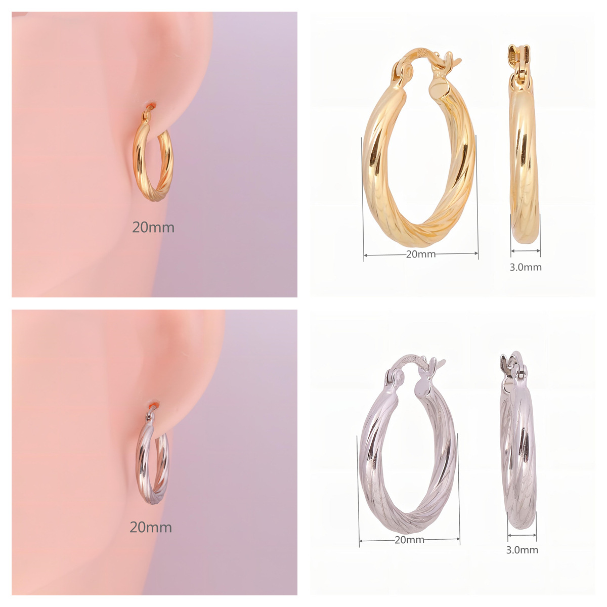 8g Weight 0.03µm Gold Plating Thickness Electroplating Gold Plating Process 1 Pair 925 Sterling Silver Waves Earrings