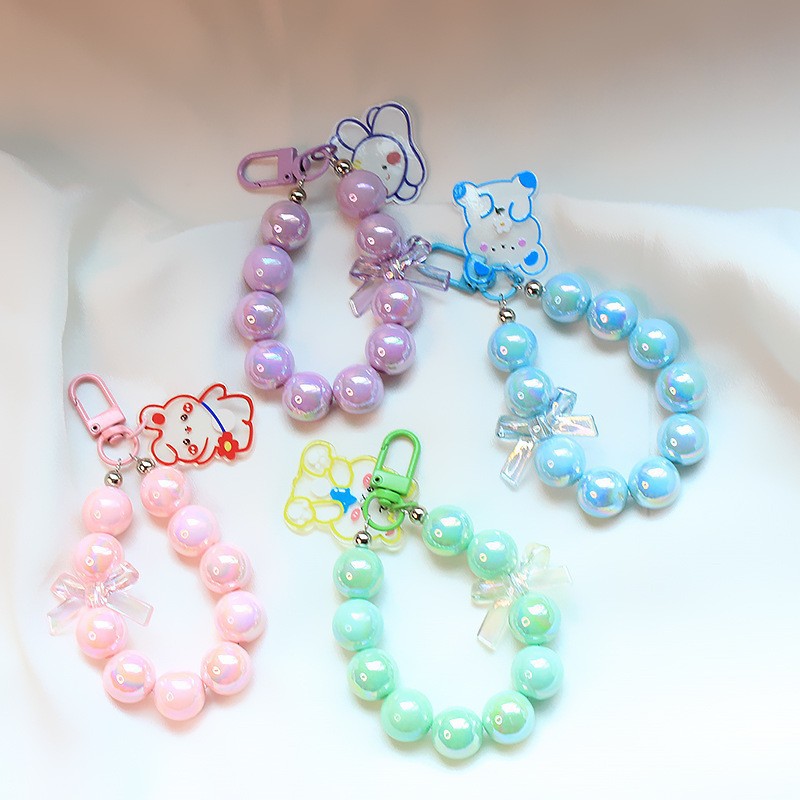 Cartoon Beaded Bow Keychain Mobile Phone Chain Pendant Cute Candy-Colored Acrylic Pearl Accessories Keychain