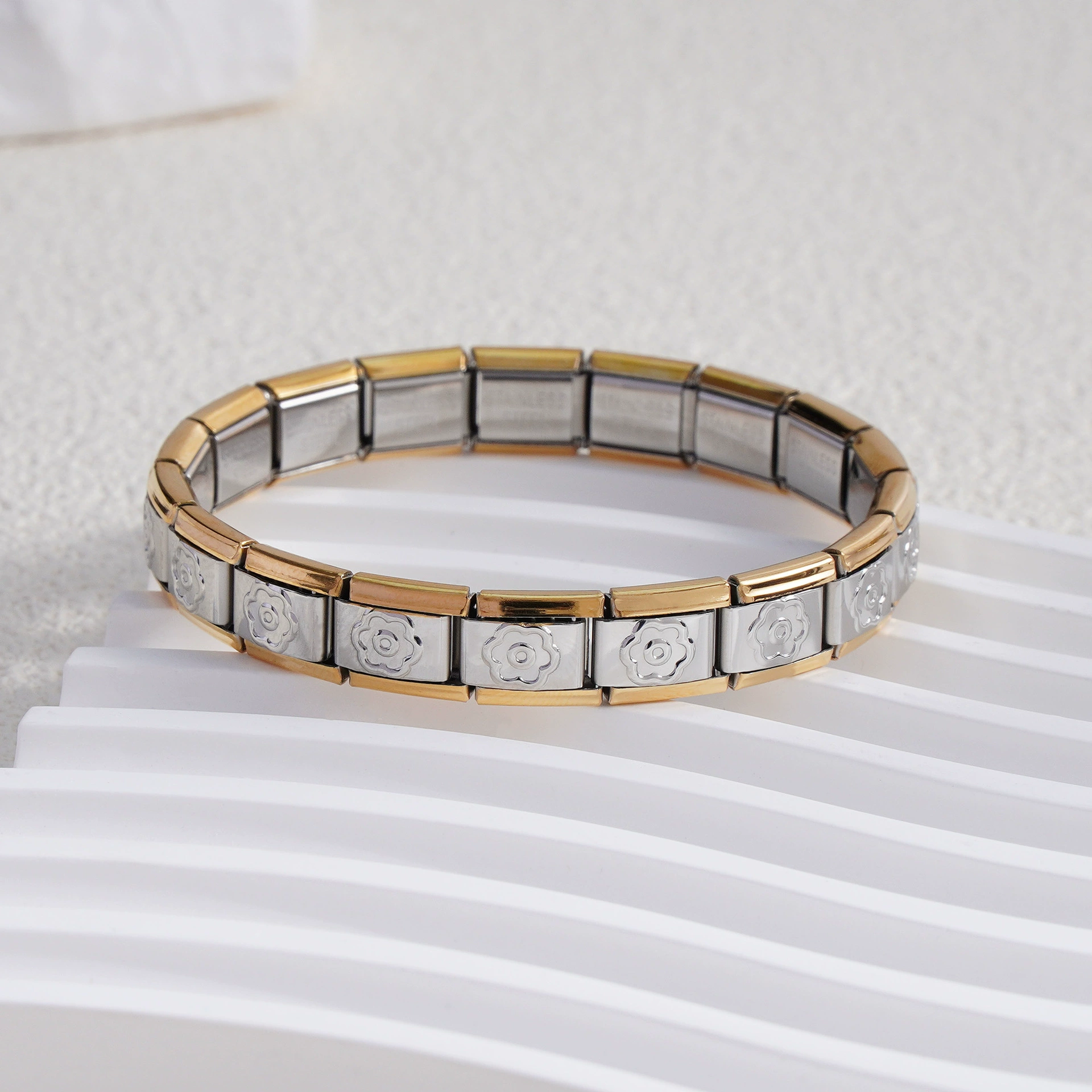 stainless steel bracelet, removable elastic link watch strap, italian european style, assorted charms