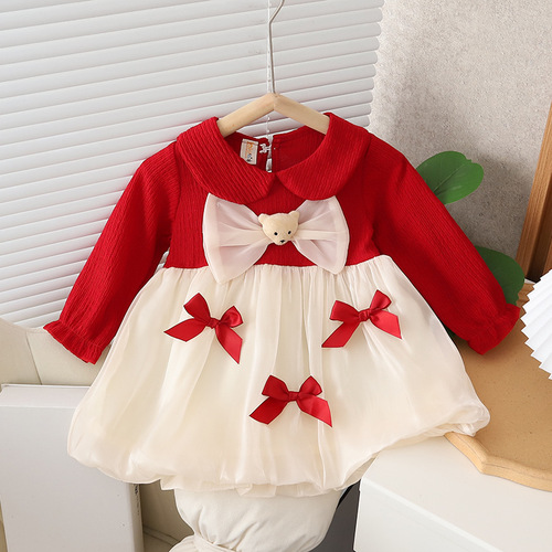 Girls' Spring and Autumn Season New  Korean Version Cute and Sweet Baby Bear Bow Princess Dress