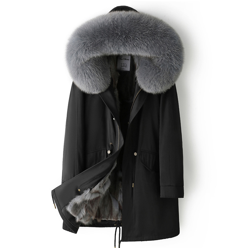 중간 길이의 블랙 쉘 헤이즈 블루 폭스 모피 라이너