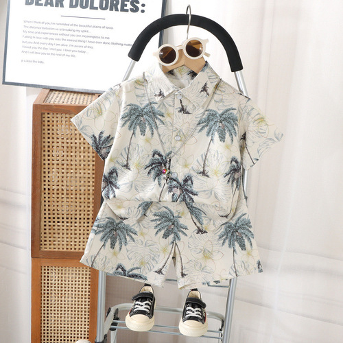 Ikat-dyed children's summer fashionable full-print Hong Kong-style shirt set for boys, trendy and stylish, Korean-style short sleeves