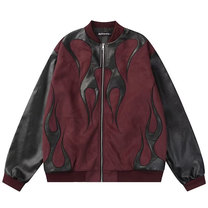 Men's Clothing high street stitching PU leather contrast color pilot jacket retro men and women couple loose casual baseball jacket_voghion.com