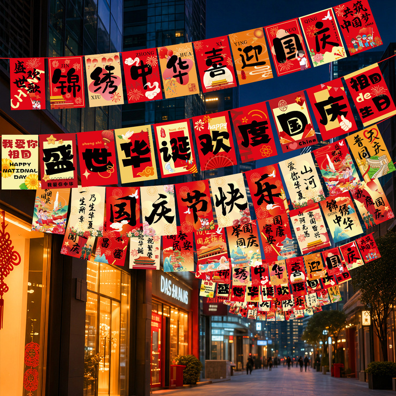 National Day decoration ideas, flag garlands for shopping malls and jewelry stores, event arrangements, string flags, Mid-Autumn Festival scene atmosphere, colorful flags National Day decoration ideas, flag garlands for shopping malls and jewelry stores, event arrangements, string flags, Mid-Autumn Festival scene atmosphere, colorful flags