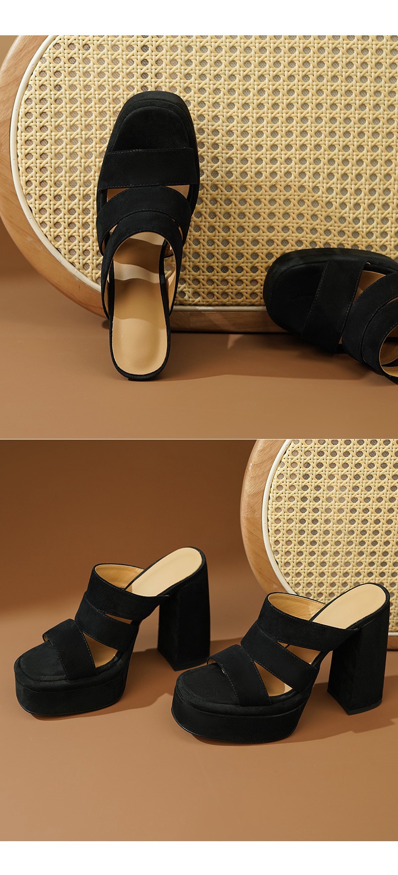 Sandal cao gót nữ hở mũi gót thô 12 cm đế dày phong cách La Mã — đen chi tiết 9