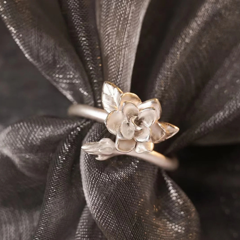 Chinese Style Gardenia Flower Opening Ring Blooming Design Three-Dimensional Elegant Small Fresh Flower Finger Ring for Women Chinese Style Gardenia Flower Opening Ring Blooming Design Three-Dimensional Elegant Small Fresh Flower Finger Ring for Women