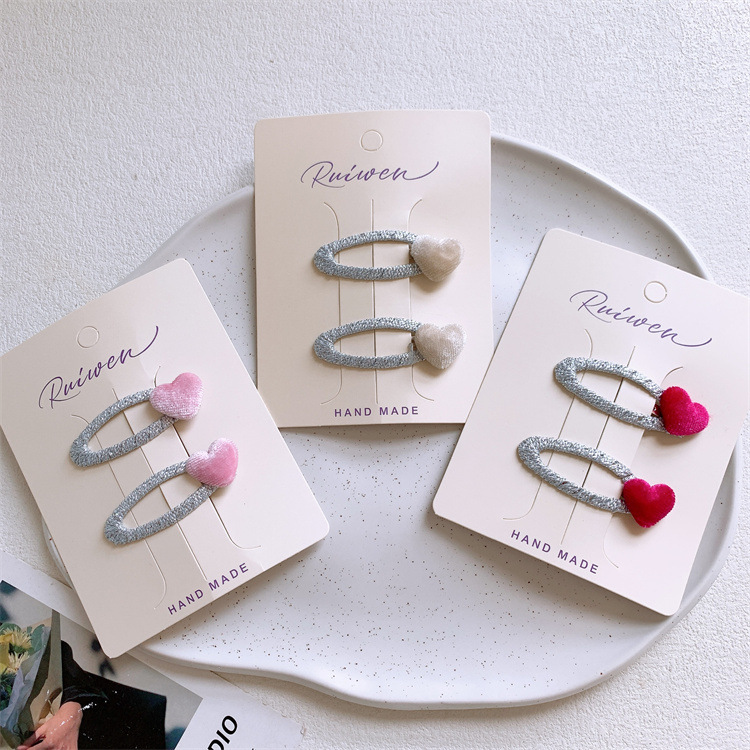 甜美兒童絲絨愛心髮夾女童桃心劉海碎發BB夾子對裝側邊發卡頭飾