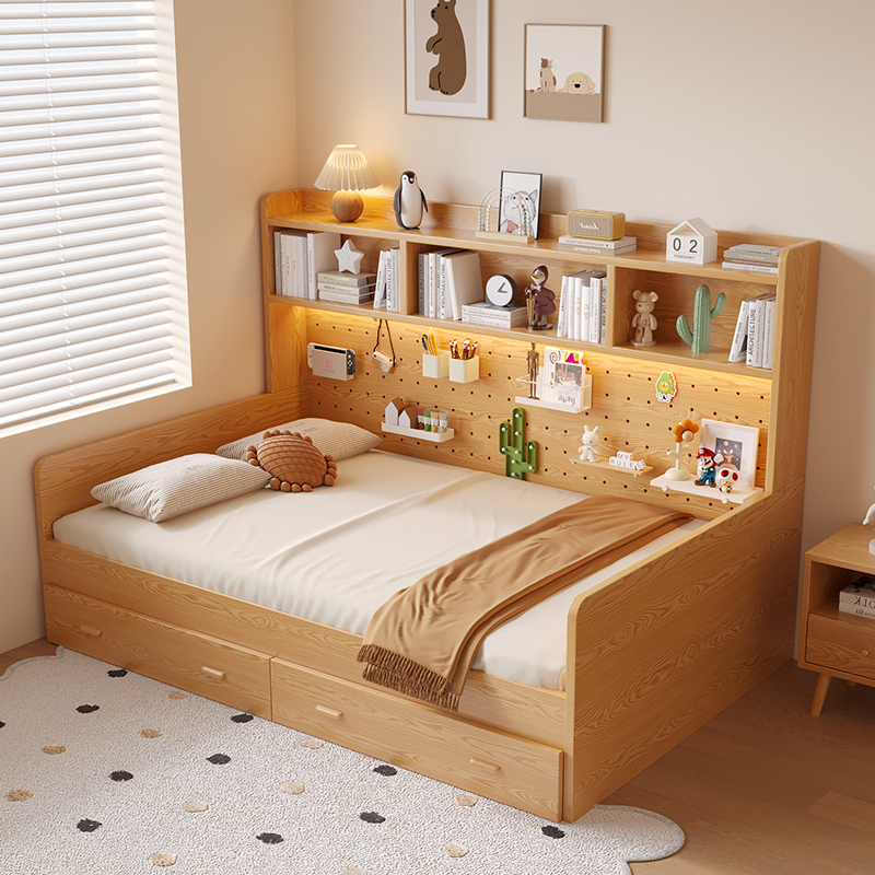 Solid Wood Children's Bed with Storage. 5m Person Bed for Boys and Girls, Integrated Bookshelf Bed for Small Apartments, Tatami Bed