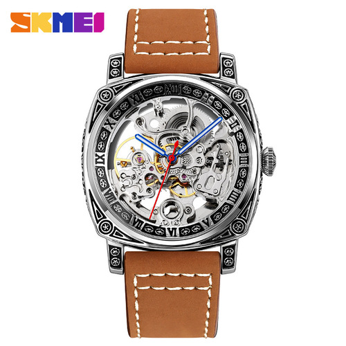 Skmei Mechanical Men's Square Engraved Watch Waterproof Belt Double-sided Hollow Fully Automatic Mechanical Watch