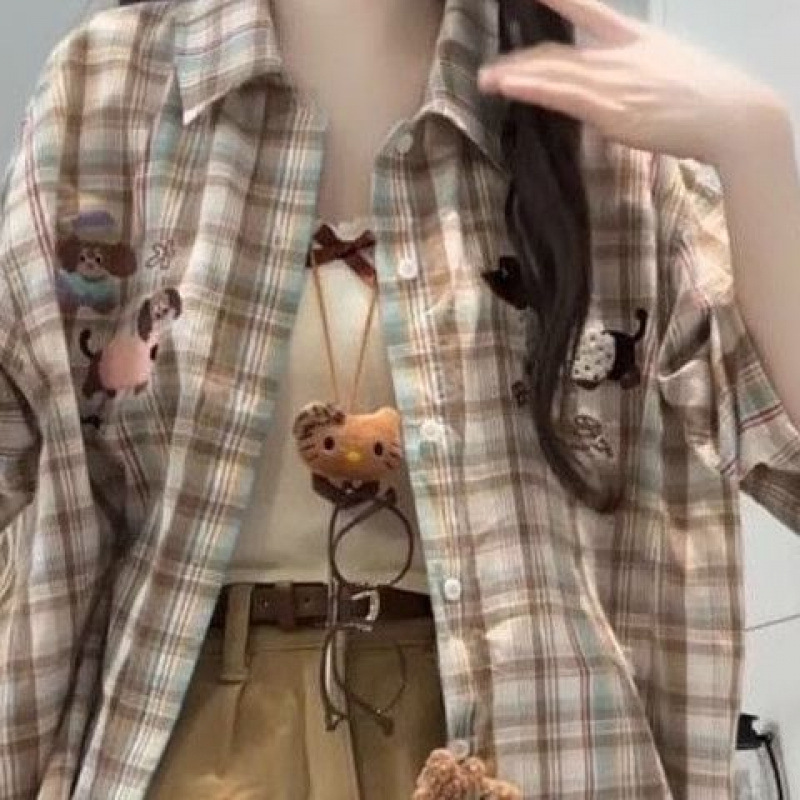 套装女夏季薄款减龄辣妹短袖格纹宽松衬衫吊带背心高腰短裤三件套|undefined