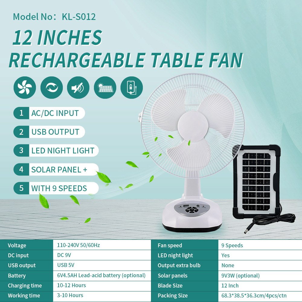Ventas calientes de Oriente Medio y Sudeste Asiático 12 pulgadas de tres hojas 6V ventilador de carga multifuncional con una sola unidad de carga solar