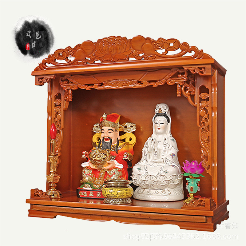 Household Buddha Niche Wall Hanging Solid Wood Sacrifice Table Shrine Three Saints God of Wealth Buddha Cabinet Guanyin Sacrifice Table Buddha God Table Cabinet Statue