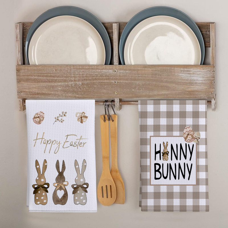 Cross-Border Easter Bunny Print Kitchen Towel Waffle Absorbent Hand Towel Set Combination Dish Towel Customization