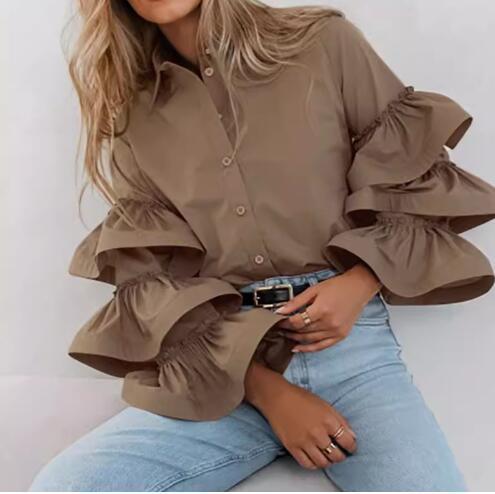 Blouse Tops Type Daily Occasion Wholesale Women's Elegant Solid Color Long Sleeve Ruffles Blouses