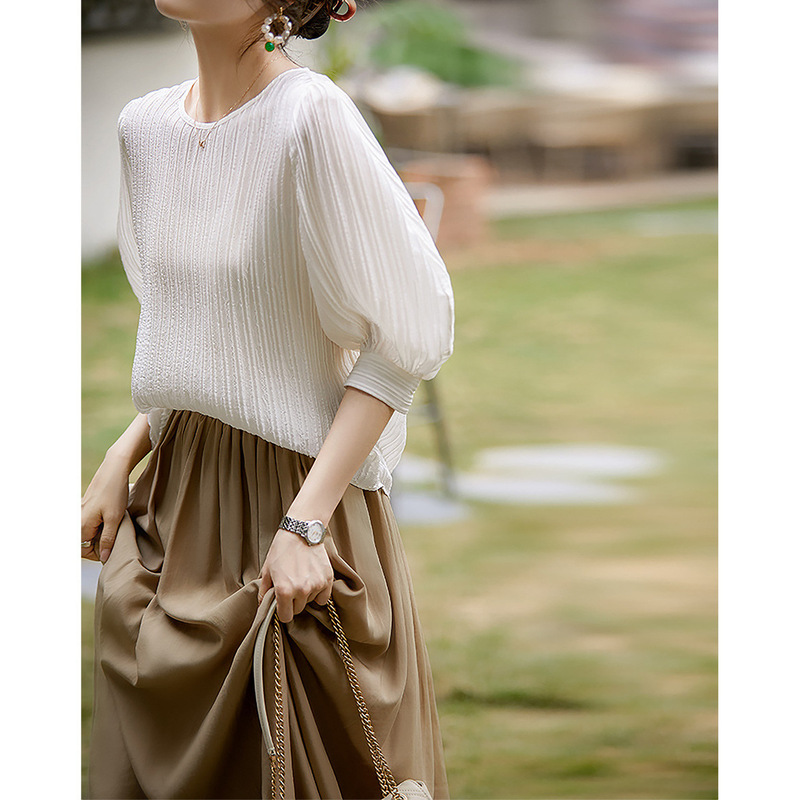 High-End Elegant Pleated Silk Shirt Women's Short-Sleeved Shirt 2026 Women's Clothing Summer New Casual Top