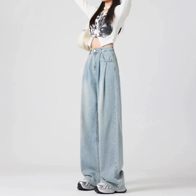 Высокая талия свисает широкие ножки ковбой весной 2025 новый нишевые складки рыхлые тонкие дикие штаны