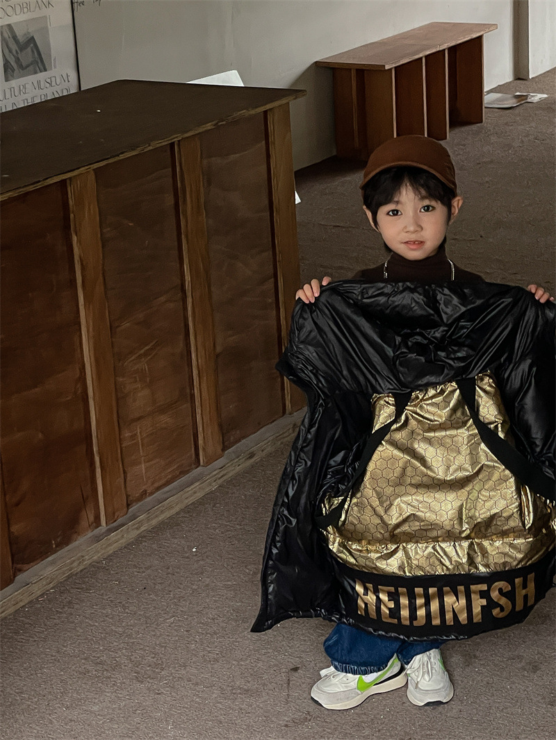Giacca corta e spessa in oro nero per bambini, giacca con cinturino in piumino d'anatra bianco vulcano piccolo per ragazzi e ragazze,_voghion.com