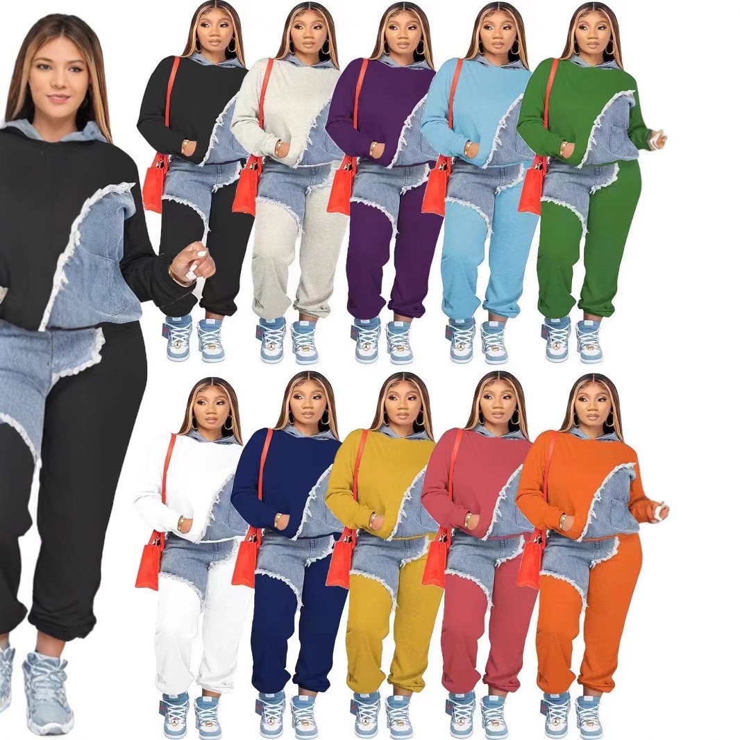 亚马逊拼接运动休闲两件套女士卫衣套装秋冬时尚百搭连帽批发