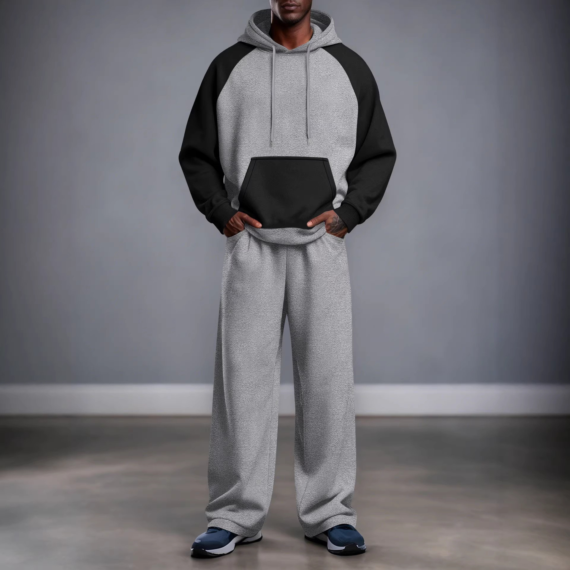 跨境美式新款休闲宽松连帽卫衣拼色男士休闲运动服套装