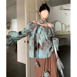 复古扎染衬衫女荷叶边一字肩长袖衬衣秋季设计感小众上衣休闲高档