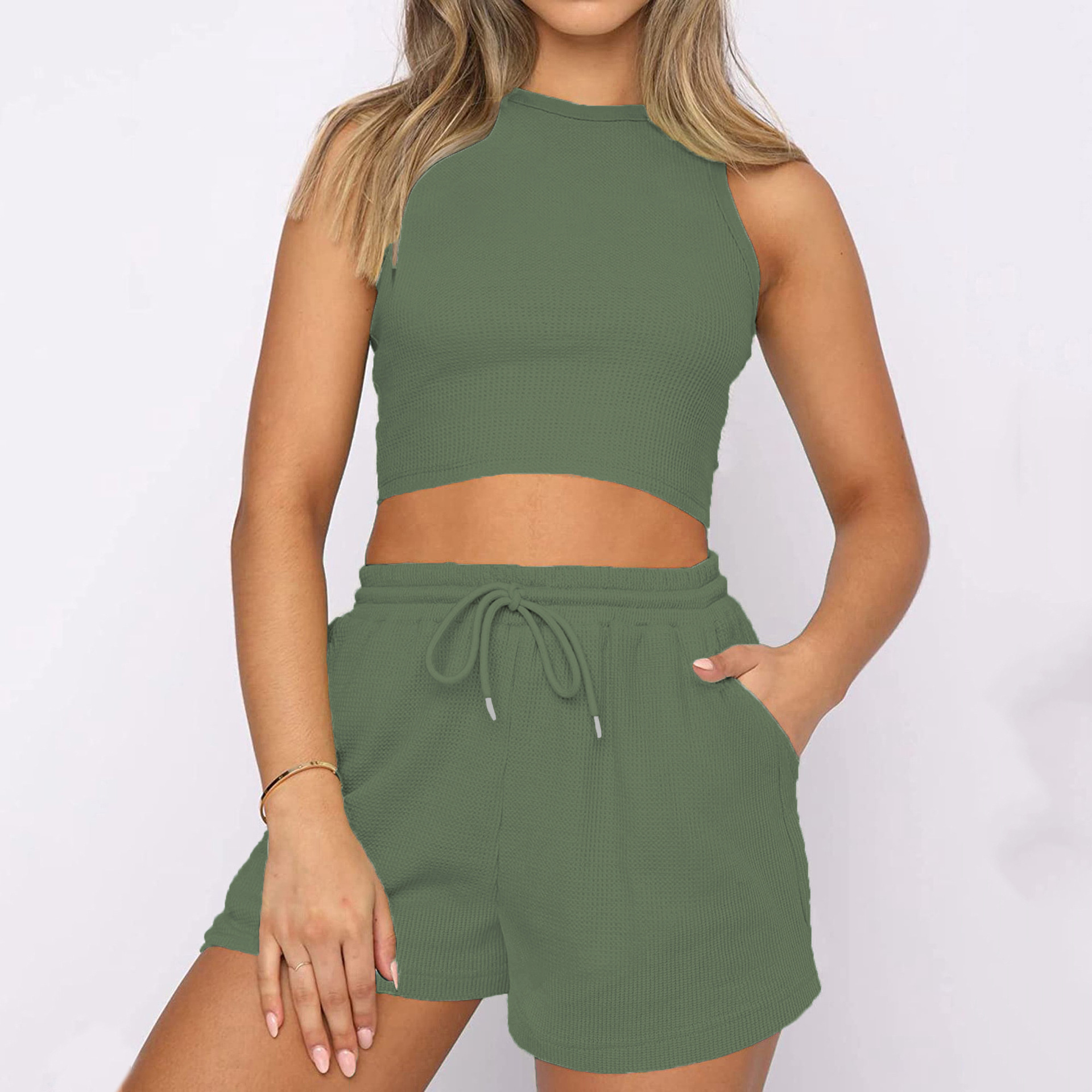 Conjunto de 2 peças feminino colete sem mangas e calça waffle_voghion.com