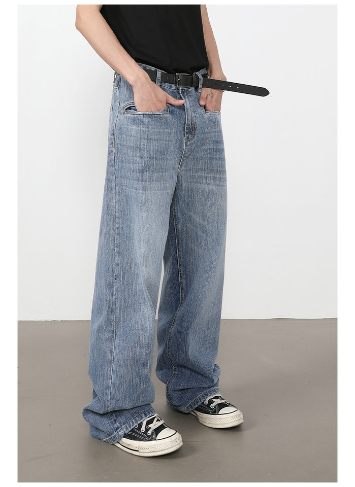 Quần jeans nam ống rộng suông thẳng túi trước họa tiết vân tre — màu xanh chi tiết 10