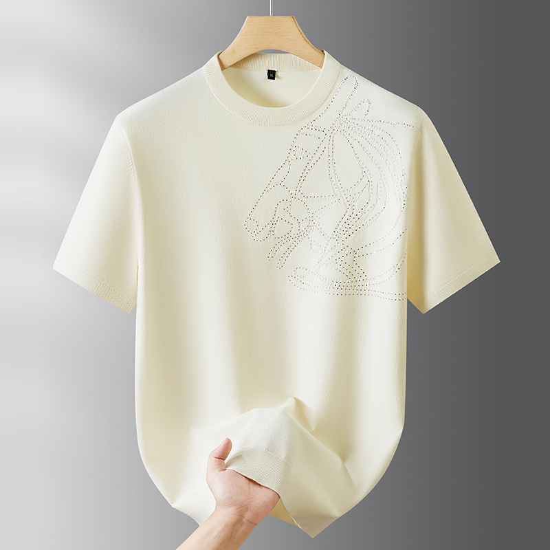 Plus-Size Men's Short-Sleeve Knit Sweater with Rhinestones for Spring and Autumn 2025, Casual Round Neck Base Sweater