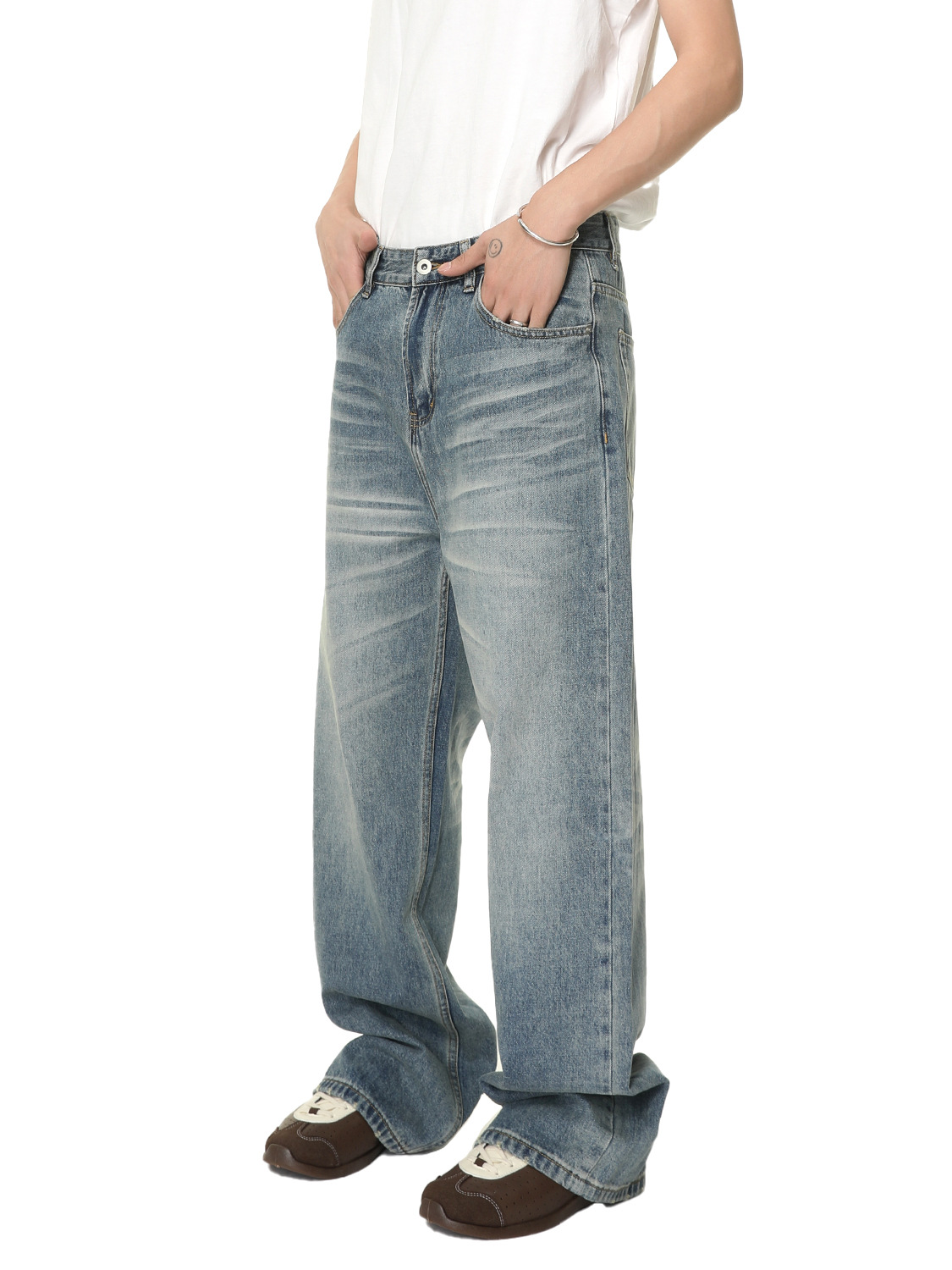 MTLCLOTHES Hombres| Coreano vibe lavado con agua estereoscópica gato barbudo en forma de A, jeans de pierna ancha rectos, moda universal