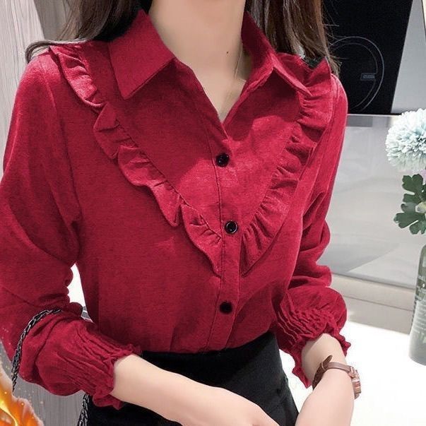 加绒加厚红色秋冬新款灯笼袖时尚长袖衬衫女宽松内搭衬衣外套保|undefined