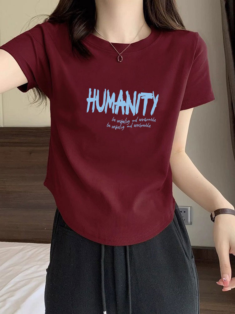 純綿のtシャツの女性の夏の新型の裾のアーチ形の不規則な修身はやせているギャルが腰を収めて肩の短い上着を収めます。