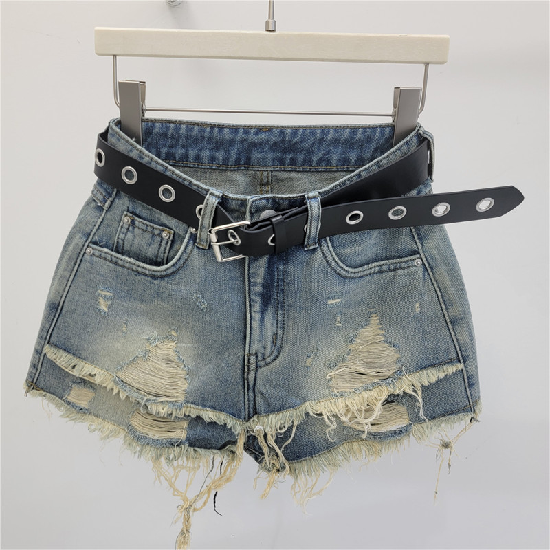 Pantalones Cortos de Mezclilla con Tiro Alto y Rotos Desgastados para Primavera y Verano