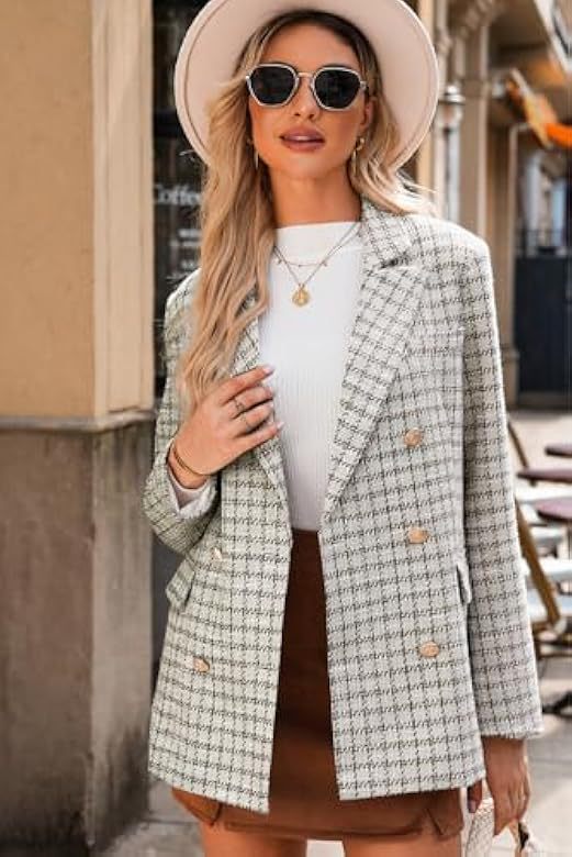 Women's Tweed Blazer Jacket Double Breasted Plaid Workwear_voghion.com