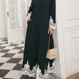 跨境外贸热销中东长裙 阿拉伯罩衫蕾丝开衫花边长裙腰带不包括