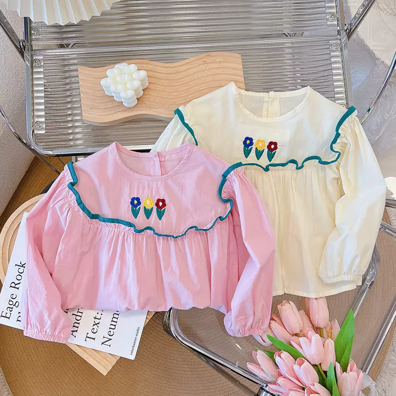 女孩春秋新款纯棉女童衬衣衬衫宝宝洋气娃娃衫女宝韩版娃娃领甜美