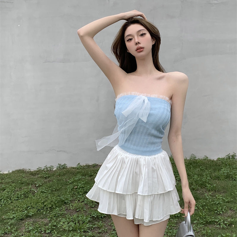 女性用メッシュストラップホルターネックチューブトップアウタートップ、夏服、純粋な欲望、バックレス、タイトフィット、ショートスタイル、胸を包むベスト|undefined