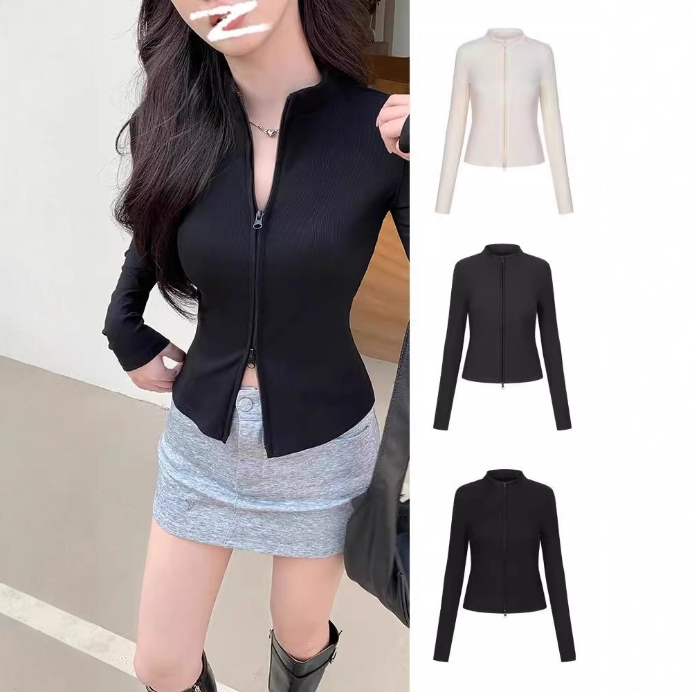 夏雅颜螺纹立领双拉链外套女春秋新款针织开衫修身百搭短款长袖上