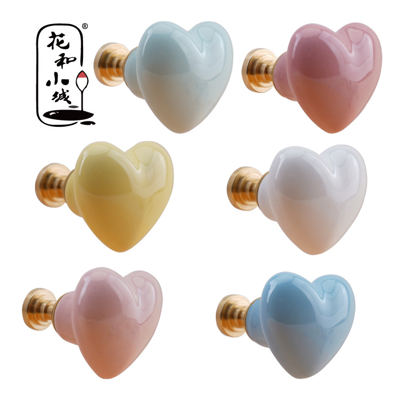 Floral and Small Town Brass Ceramic Heart-Shaped Handle Cabinet and TV Stand Furniture Pulls