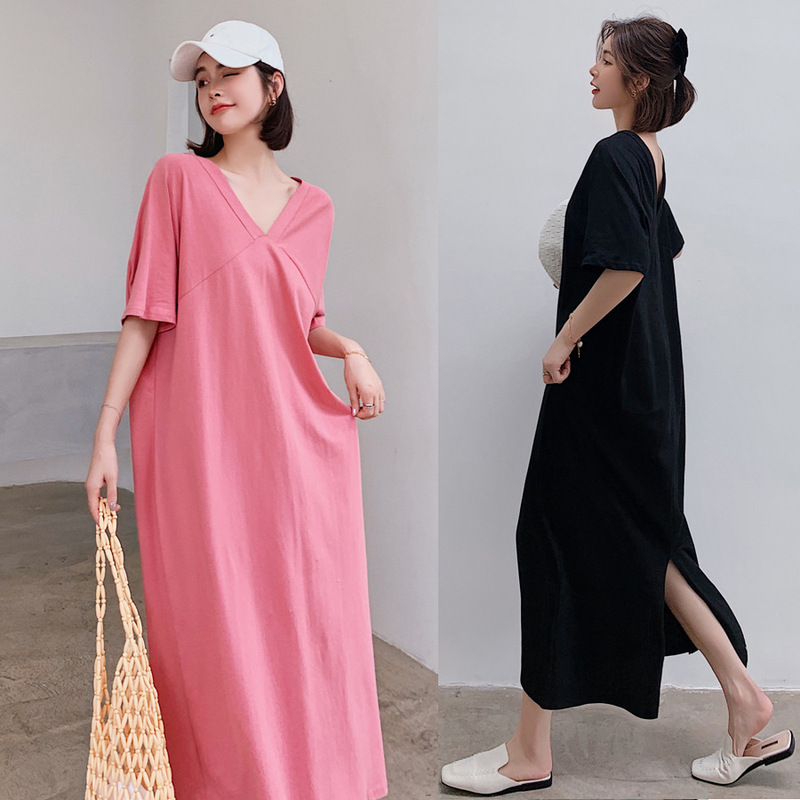 Extra large size 220kg long dress women's 2022 summer new 300kg Korean version of loose knee-length short sleeve T-shirt skirt