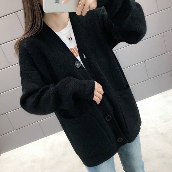 韓国版の女性用の新しいセータージャケット 2025 春と秋のインターネットセレブルルーズスタイルレイジースタイル無地ニットカーディガン秋と冬|undefined
