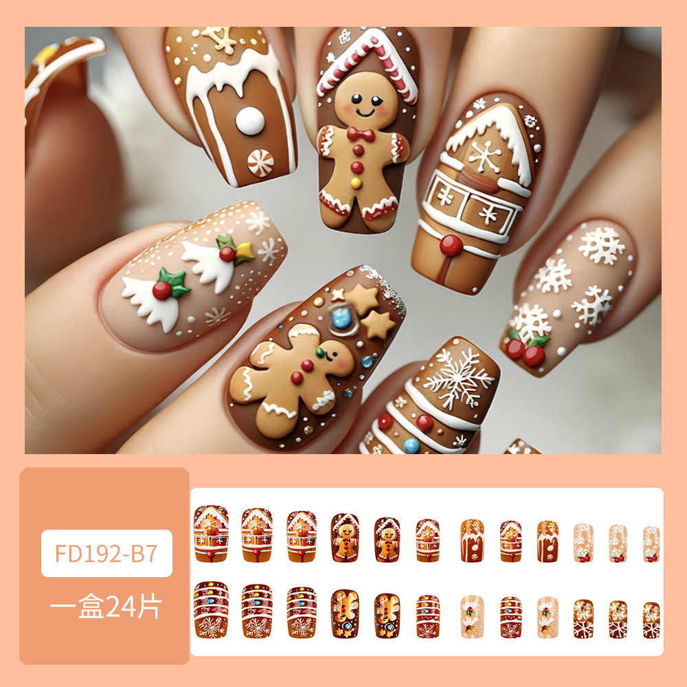 Comercio exterior Navidad pan de jengibre hombre usa uñas 3D en relieve tridimensional uñas 24 piezas de vacaciones de otoño y invierno uñas falsas