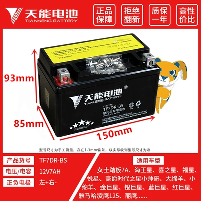 Tiineng Pedal Motorcycle Battery 12V7A Adapts to Haomai Haojue Yuexing 125YTX7A-BS Maintenance-Free Battery (Power supply, ignition system accessories) - tianneng-tf7dr-bs-scooter-no-1