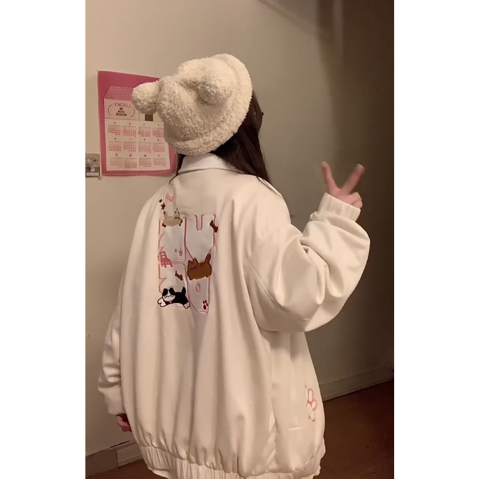 日系卡通小猫毛巾绣翻领卫衣女2025早秋新款慵懒风宽松bf开衫外套|undefined