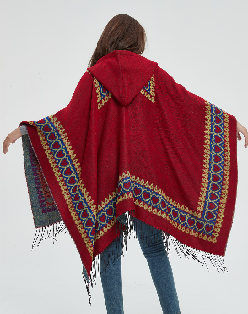 Mantello invernale unisex con scialle primaverile e autunnale Stile etnico Mantello con cappuccio con frange rosse Love_voghion.com