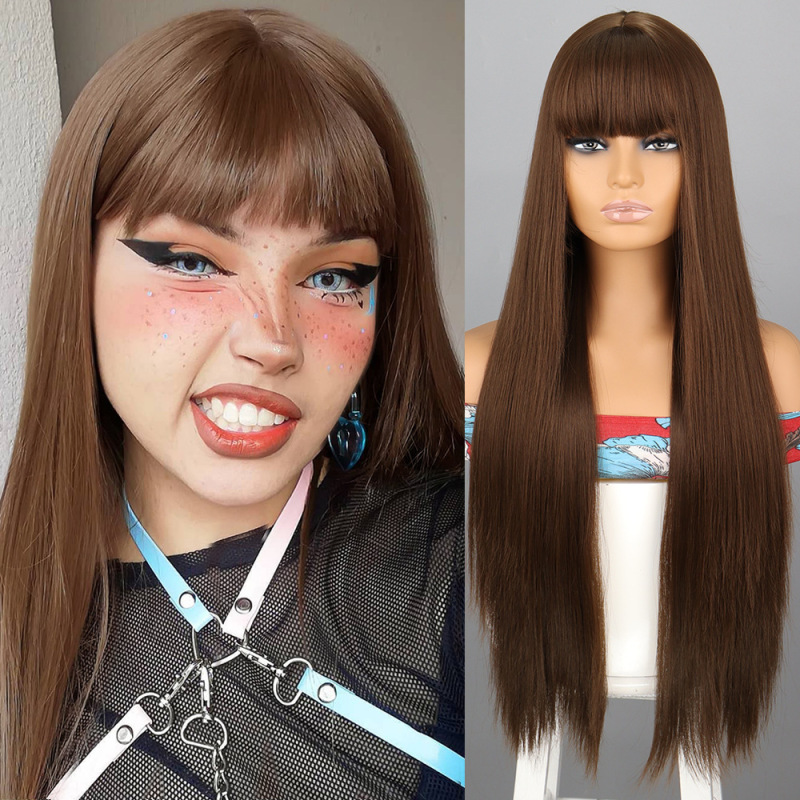 クロスボーダーヨーロッパとアメリカのファッションウィッグ女性用 30inch ライトブロンドの前髪ロングストレート化学繊維ウィッグ|undefined
